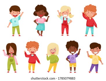 Smiling Boy and Girl Characters Greeting Waving Hand and Saying Hi Vector Illustration Set