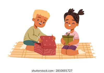 Smiling boy and girl characters sitting on carpet and unwrapping gift boxes. Vector kids opening presents with excitement and curiosity. Birthday parties, holidays or special occasions