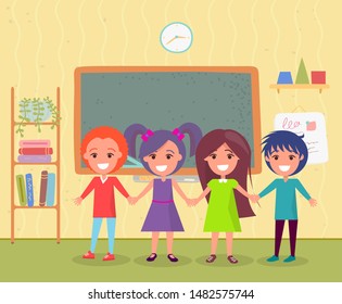 Smiling boy and girl classmates standing together and holding hands. Chalkboard and shelves with books on wall, pupils in classroom, teenagers study vector. Back to school concept. Flat cartoon