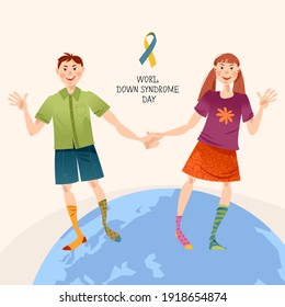 Smiling boy and girl with Down Syndrome. World Down Syndrome Day. Vector illustration

