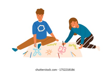 Smiling boy and girl drawing create pictures use colorful pencil together vector flat illustration. Happy children painting picture on paper isolated on white. Joyful kids sitting on floor