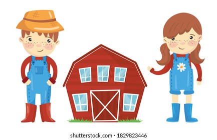 Smiling Boy and Girl Farmers Wearing Rubber Boots and Red Barn Vector Set