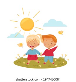 Smiling Boy and Girl Holding Hands and Running Across Green Meadow Enjoying Hot Summer Season Vector Illustration