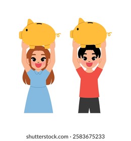 smiling boy and girl holding piggybank over her head illustration