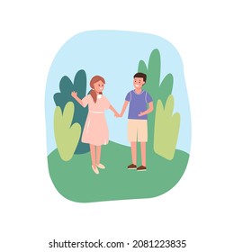 Smiling boy and girl kids holding hands and looking at each other with love. Kids couple and hearts. Childhood, love and romance. Flat vector illustration. 
