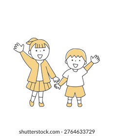 Smiling boy and girl looking up and waving monochrome