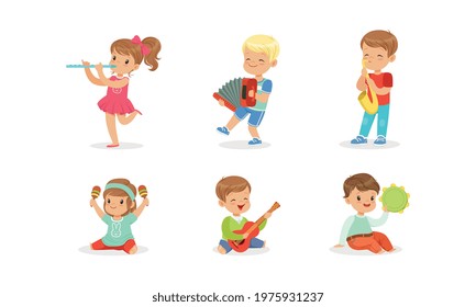 Smiling Boy and Girl Playing Flute and Saxophone Vector Set