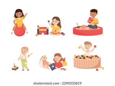 Smiling Boy and Girl Playing and Having Fun Vector Set