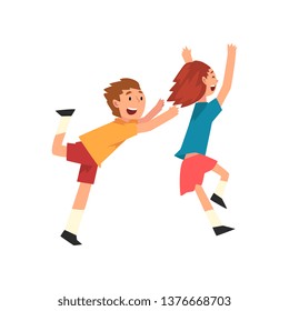 Smiling Boy And Girl Playing Together, Happy Children Having Fun at Birthday Party, Vector Illustration