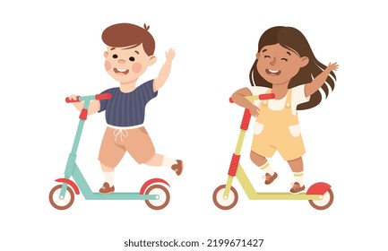 Smiling Boy and Girl Riding on Kick Scooter Pushing Off the Ground Waving Hand Vector Set