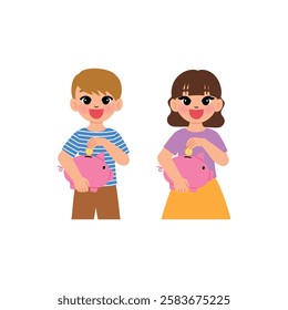 smiling boy and girl save money in a pink piggybank illustration