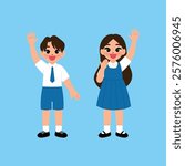 Smiling Boy and Girl in School Uniform Raising Hand illustration