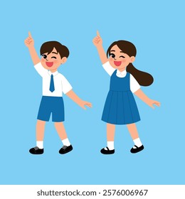 Smiling Boy and Girl in School Uniform Pointing Finger Up illustration