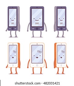 Smiling boy and girl smartphones from different sides with legs and hands isolated against white background. Cartoon vector flat-style illustration