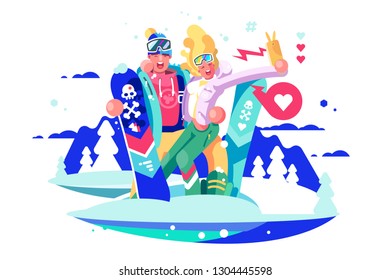 Smiling boy and girl taking selfie on smartphone with snowboards. Couple of snowboarders in ski suit takes photos for social media app. Winter kinds of sport and holidays flat vector illustration