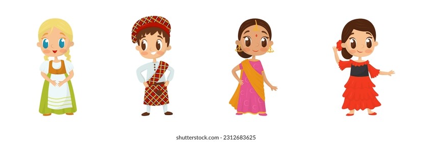 Smiling Boy and Girl Wearing Costumes of Different Countries Vector Set