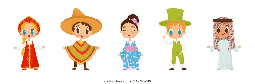 Smiling Boy and Girl Wearing Costumes of Different Countries Vector Set