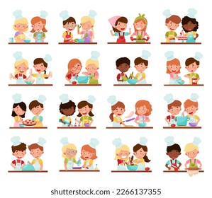 Smiling Boy and Girl Wearing Toque and Apron at Table Cooking Vector Illustration Set