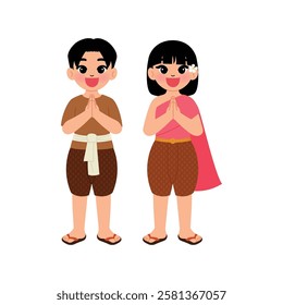 smiling boy and girl wearing traditional Thai costume are greeting illustration