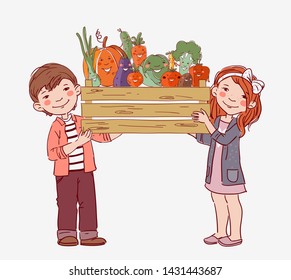 Smiling boy and girl with a wooden crate full of fresh vegetables
