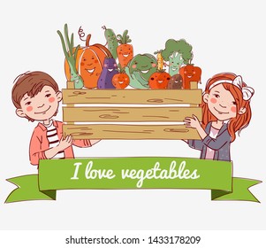 Smiling boy and girl with a wooden crate full of fresh vegetables