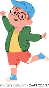 A smiling boy with glasses and a cap, wearing a green jacket and shorts in a playful pose. The child joyfully lifts one leg, exuding happiness and energy. Cartoon vector illustration.