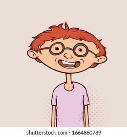 Chico sonriente con gafas. Caricatura graciosa y simpática.