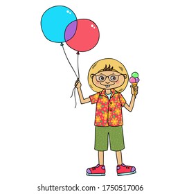 Smiling boy with glasses wearing straw hat, Hawaiian shirt, shorts holding ice cream and ballons vector illustration on white background