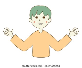 Smiling boy with green hair and orange shirt, open arms.
