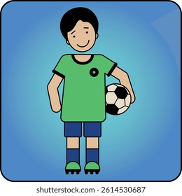 Smiling boy in green soccer uniform holding a football under his arm. Cheerful flat vector illustration – ideal for sports, youth education, and inclusive learning visuals.