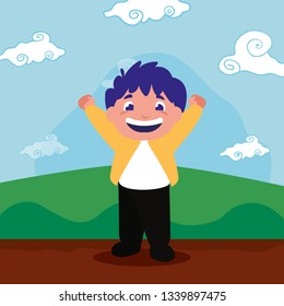 smiling boy hands up outdoors