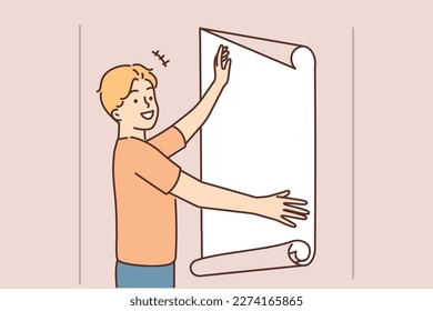 Smiling boy hanging empty poster on wall. Happy child put white placard or paper for advertisement or offer show. Vector illustration. 