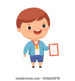 Smiling Boy with Hanging Gold Medal on His Neck and Certificate of Achievement Vector Illustration