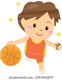 Muchacho sonriente jugando baloncesto felizmente