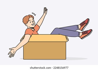 Smiling boy have fun sitting in cardboard box. Happy young man in carton package excited about moving or relocation. Vector illustration. 