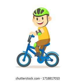 Smiling boy in the helmet riding a bicycle. Sport and fitness. Colorful cartoon flat vector illustration. Isolated on white background.