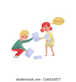 Smiling Boy Helping Girl To Picking Up Paper From The Floor. Kids With Good Manners. Flat Vector Design