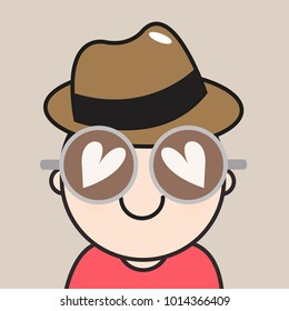 Smiling Boy With His Sunglasses Latte Art Heart Shape Throwdown. Concept Of Coffee Lover Card Character illustration