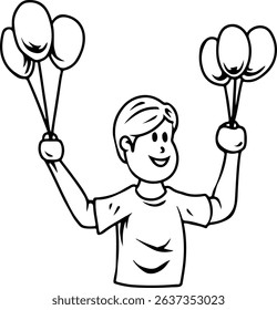 Smiling boy holding balloons in both hands line art illustration  