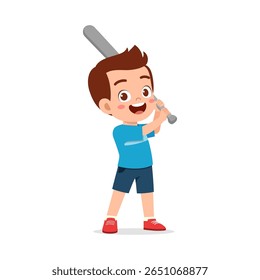 Smiling Boy Holding Baseball Bat Ready to Hit and Playing Sport, Cartoon Illustration Style