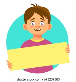 Smiling boy holding blank poster. Blank message vector illustration. Hands holding blank paper