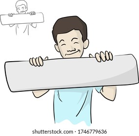 smiling boy holding blank sign with two hands vector illustration sketch doodle hand drawn isolated on white background