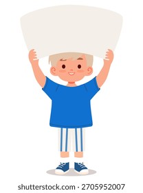 Smiling boy holding a blank sign above his head