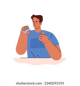 Smiling boy holding blue container with contact lenses and showing thumb up flat style, vector illustration isolated on white background. Healthcare, good gesture, choice