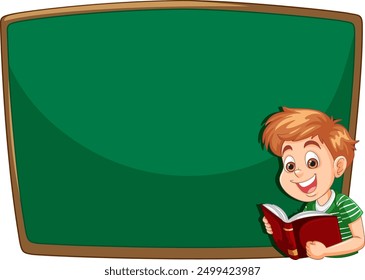 Smiling boy holding book near green chalkboard