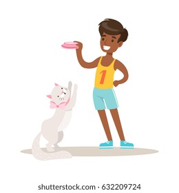 Smiling boy holding a bowl with milk to feed his white cat. Colorful cartoon character vector Illustration