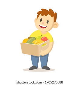 Smiling boy holding a box full of fruits and veggies, cartoon character design. Colorful flat vector illustration, isolated on white background.