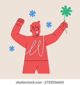 Smiling boy holding clover with four leaves feeling lucky. Colorful vector illustration 
