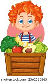 Smiling boy holding a crate of vegetables
