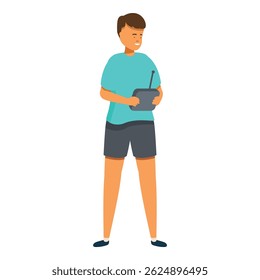 Smiling boy holding drone remote control playing outside